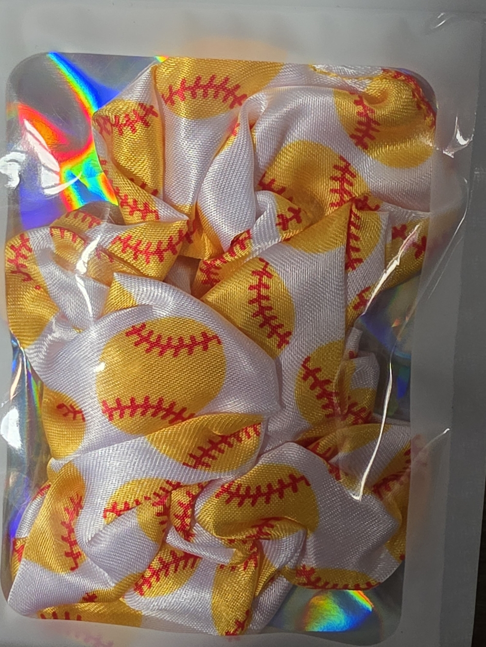 Kids/Adults White & Yellow Softball Print Scrunchies